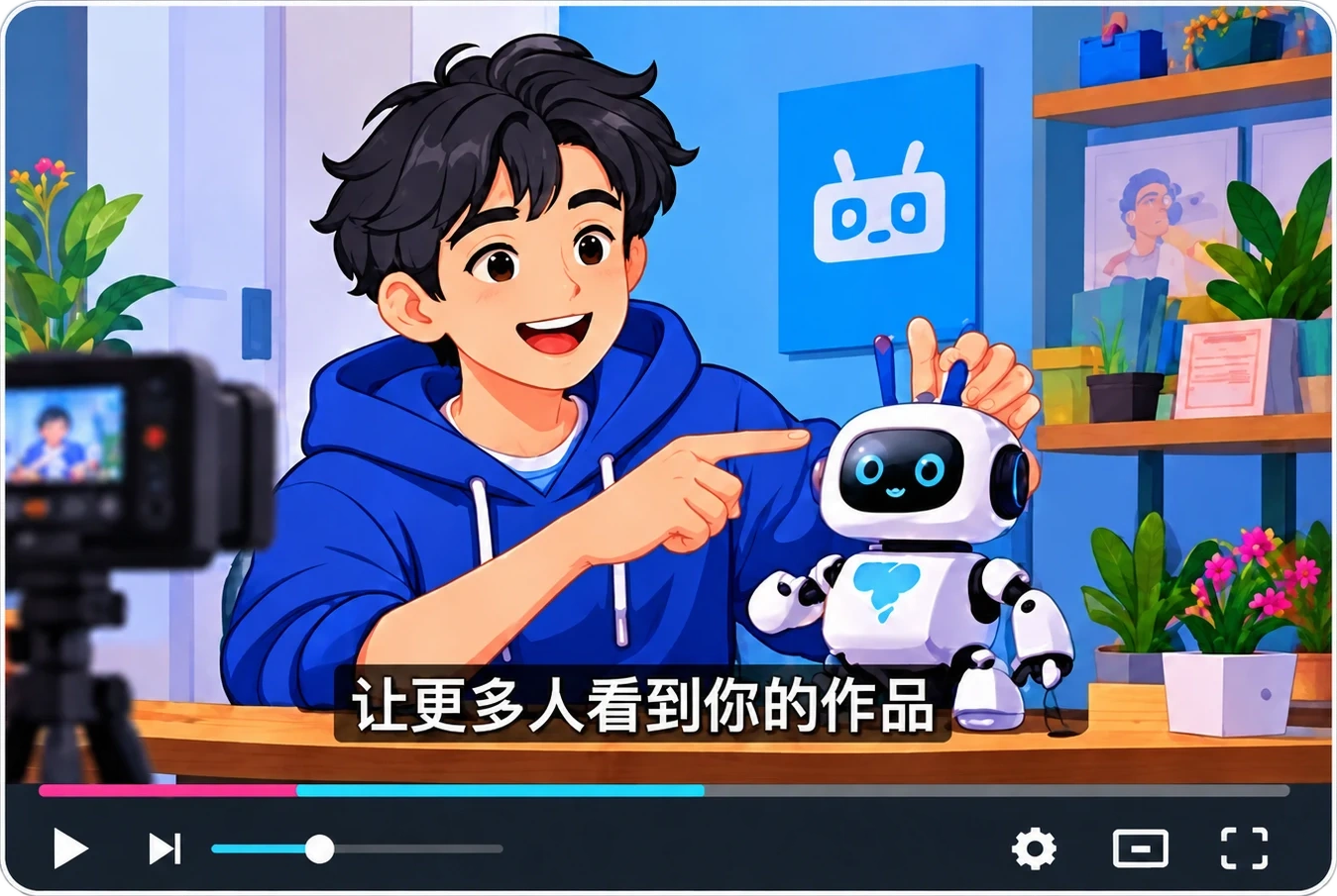 Video preview of a creator demonstrating a small robot with Chinese subtitles