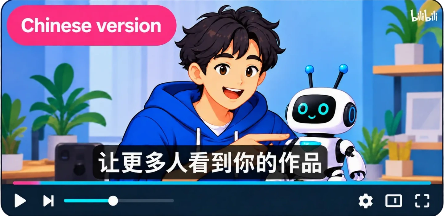 Chinese-localized video preview with watermark, presenter, robot and Chinese captions